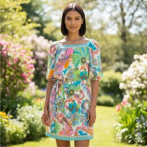 Trina Turk Balloon Sleeve Floral Print Silk Dress Size 4